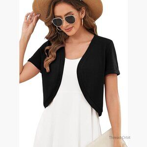 Lightweight V-Neck Cropped Cardigan Shrug, Short Sleeve Open Front